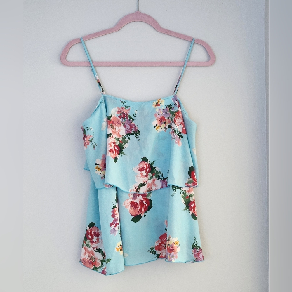 Peach Love California Blue Floral Frill Tank Top Spaghetti Straps Medium NWOT